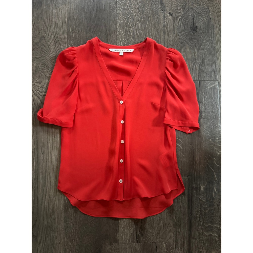 Veronica Beard Garland Blouse 4 Poppy Red Silk Puff Sleeve V-Neck Limited Piece!